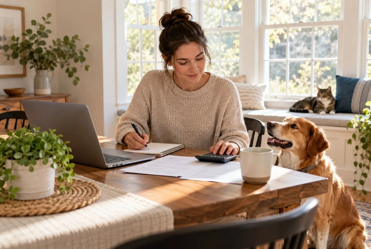 Owner working through household costs with a dog and cat nearby