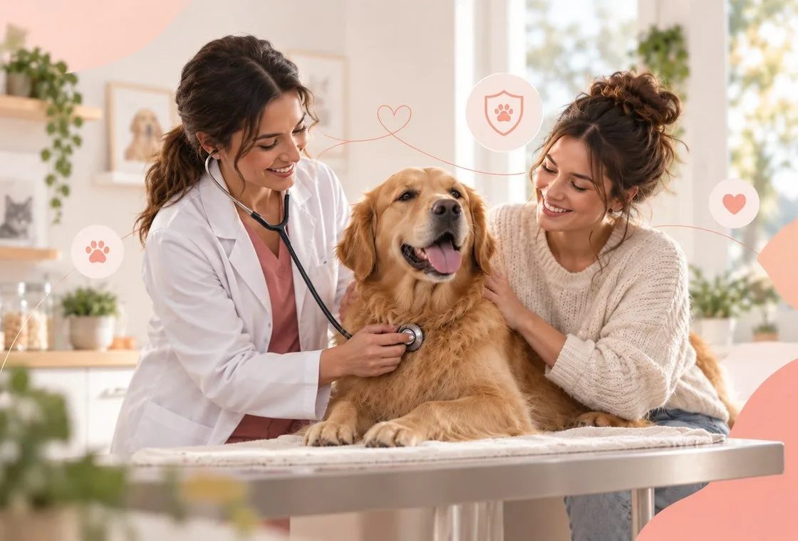 Veterinarian examining a dog with its owner in a bright clinic